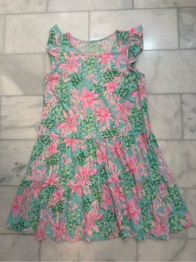 Lilly Pulitzer Girls Brynn Dress in Surf Blue So Shellegant Print. EUC